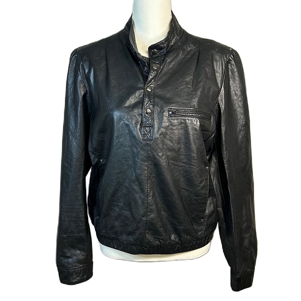 Bermans Women Black Leather Pullover Jacket M Snaps Vintage 80s Chic Baddie Moto